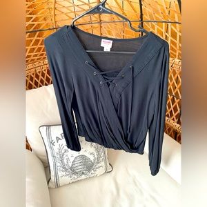 Sheer black lace up front blouse